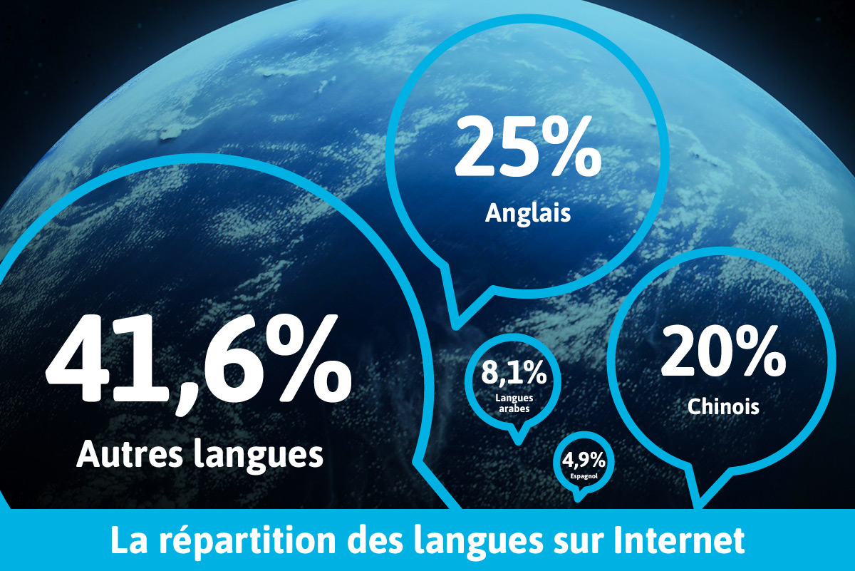 Globe avec les chiffres de la répartition des langues sur Internet.